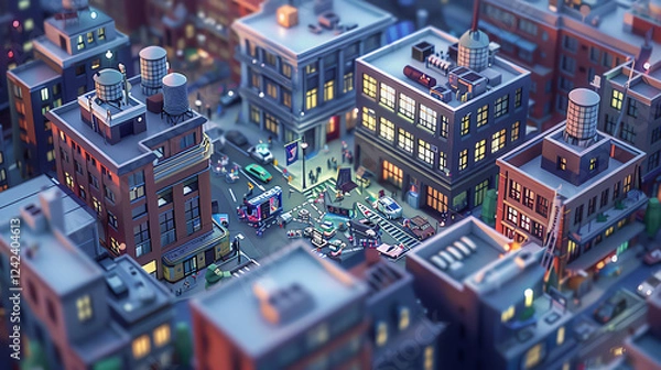 Fototapeta Capture a bustling cityscape seen from above in CG 3D rendering, showcasing a therapists office, subtly hinting at imposter syndrome with pixel art details
