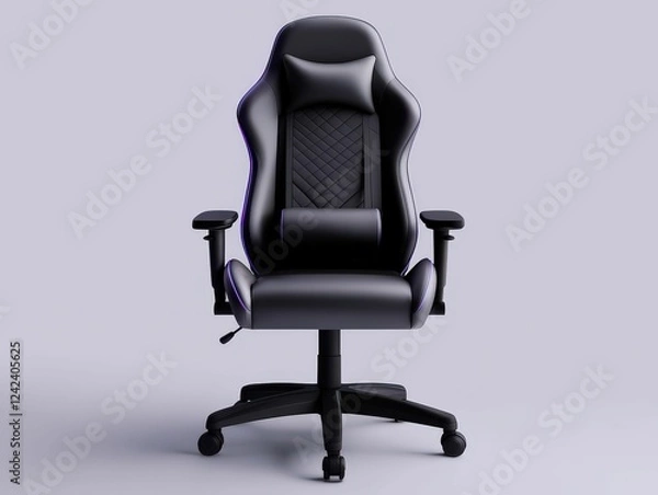 Fototapeta A sleek, ergonomic black gaming chair with adjustable armrests, designed for comfort during long hours of gaming or working.