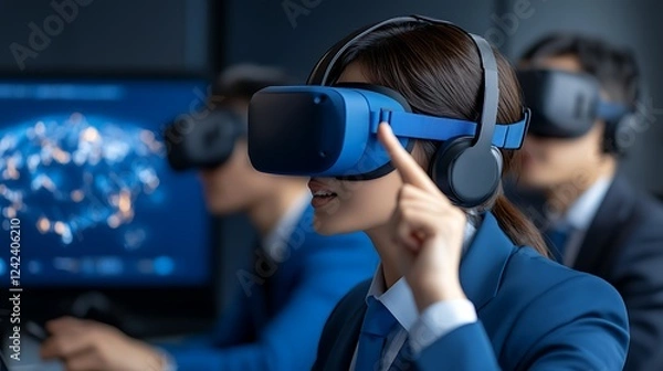 Fototapeta Young professionals engaged in virtual reality training in a modern office setting with screens