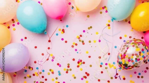 Fototapeta A border of colorful balloons and confetti decorates the pink background, creating a festive and cheerful design perfect for a birthday party or any celebration