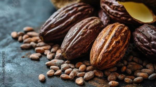 Fototapeta Close-Up of Raw Cocoa Pods and Cocoa Beans on Dark Surface, Showcasing Rich Textures and Natural Colors for Food and Culinary Themes