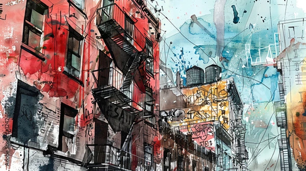 Fototapeta Capture the essence of urban decay with unexpected camera angles, focusing on the contrast between derelict buildings and bursts of colorful street art Utilize a mix of watercolor and pen and ink tech