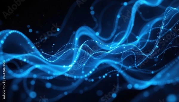 Fototapeta Dynamic blue abstract digital wave pattern with glowing dots on black background