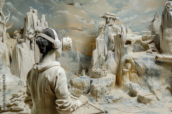 Fototapeta Create a clay sculpture that captures Ancient myths coming to life in a virtual reality landscape Play with dramatic angles to evoke a sense of immersion and wonder