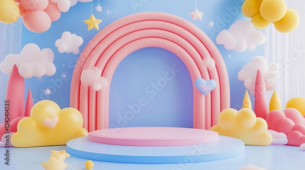 Fototapeta A playful archway surrounded by soft, fluffy shapes in a dreamy landscape.