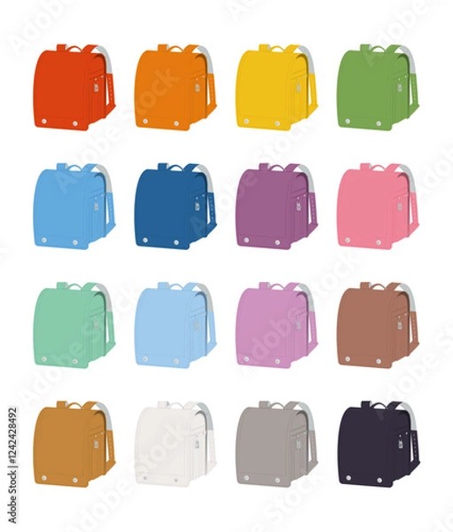 Fototapeta 様々なカラーバリエーションのあるランドセルセット／ラン活／入学式／ベクターイラスト