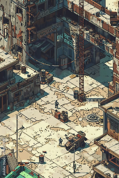 Fototapeta Pixel art, A post-apocalyptic wasteland features scavenging robots amidst ruins, captured in a nostalgic video game aesthetic with a unique top-down view
