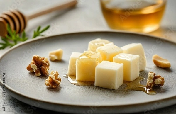 Fototapeta different types of cheese on plate, cut into cubes, restaurant serving with honey and nuts