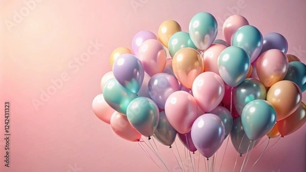 Fototapeta Pastel Balloons Floating Against a Soft Pink Background, Ideal for Celebrations and Festive Occasions