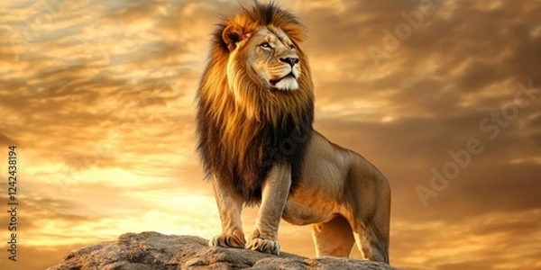 Fototapeta A lion is standing in a field with a yellow sky in the background