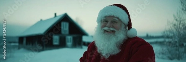 Fototapeta santa claus in front of village house, smiling and looking at camera on winter landscape