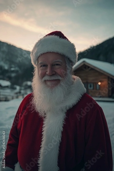 Fototapeta santa claus in front of village house, smiling and looking at camera on winter landscape
