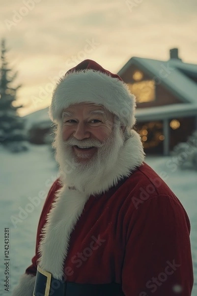 Fototapeta santa claus in front of village house, smiling and looking at camera on winter landscape