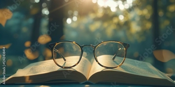 Fototapeta Glasses on an open book with a blurred background of nature and sunlight