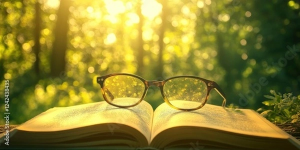 Fototapeta Glasses on an open book with a blurred background of nature and sunlight
