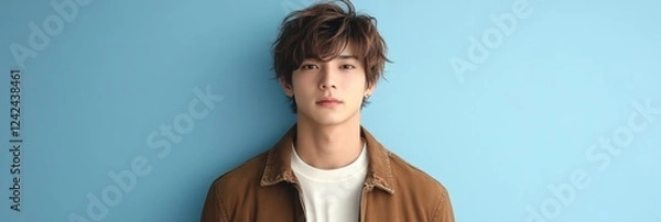 Fototapeta Photo of a young, attractive Japanese man. He stands in front of a light blue wall, wearing a white shirt underneath a brown jacket, looking at the camera and smiling slightly.