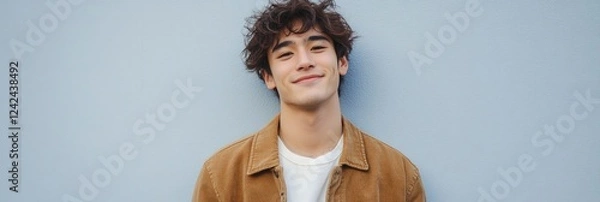 Fototapeta Photo of a young, attractive Japanese man. He stands in front of a light blue wall, wearing a white shirt underneath a brown jacket, looking at the camera and smiling slightly.