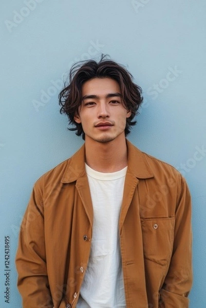 Fototapeta Photo of a young, attractive Japanese man. He stands in front of a light blue wall, wearing a white shirt underneath a brown jacket, looking at the camera and smiling slightly.