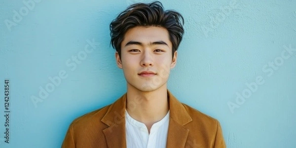 Fototapeta Photo of a young, attractive Japanese man. He stands in front of a light blue wall, wearing a white shirt underneath a brown jacket, looking at the camera and smiling slightly.