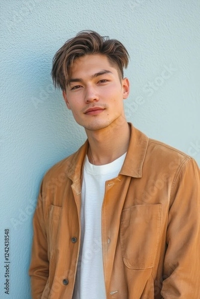 Fototapeta Photo of a young, attractive Japanese man. He stands in front of a light blue wall, wearing a white shirt underneath a brown jacket, looking at the camera and smiling slightly.