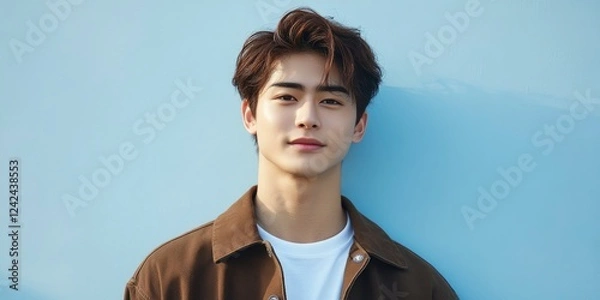 Fototapeta Photo of a young, attractive Japanese man. He stands in front of a light blue wall, wearing a white shirt underneath a brown jacket, looking at the camera and smiling slightly.