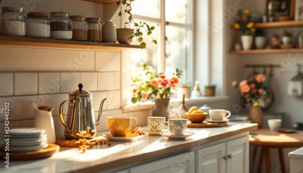 Fototapeta Sunlit Kitchen Counter Tea Time Setting