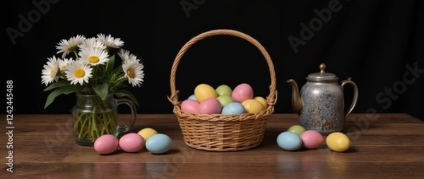 Fototapeta A rustic wooden table setting with a basket of Easter eggs, fresh flowers, and a few scattered pastel-colored eggs, evoking a cozy spring feel