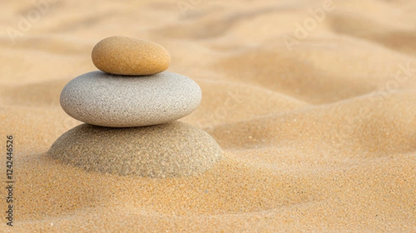 Fototapeta smooth pebble balanced on larger rock against sandy background, evoking calmness