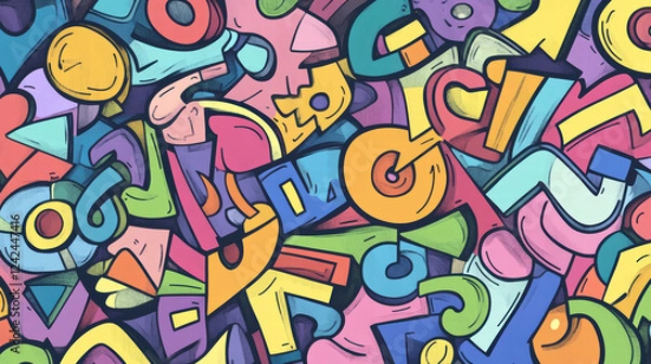 Fototapeta Colorful doodle shapes and letters create vibrant, cheerful pattern, perfect for artistic projects or playful designs. lively colors and playful forms evoke sense of joy and creativity