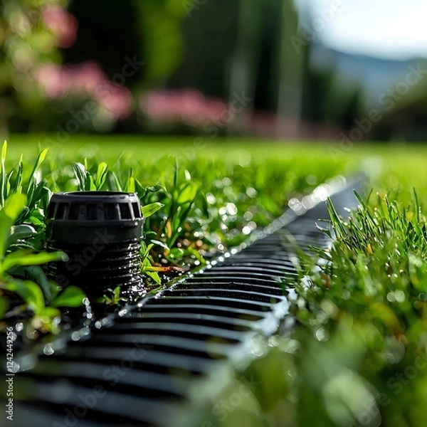 Obraz Close-up View of Black Drainage System in Lush Green Lawn