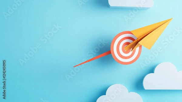 Obraz paper airplane soaring high towards vibrant target surrounded by clouds, symbolizing ambition and creativity