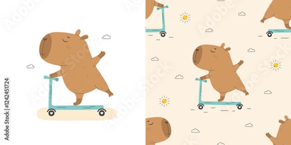 Fototapeta Cute capybara riding kick scooter seamless pattern