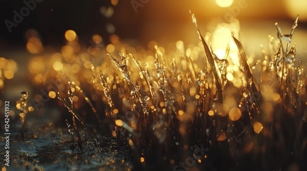 Fototapeta 72.Detailed close-up of corn seedlings with water droplets reflecting sunlight, the irrigation system visible in the background, softly blending into the horizon.