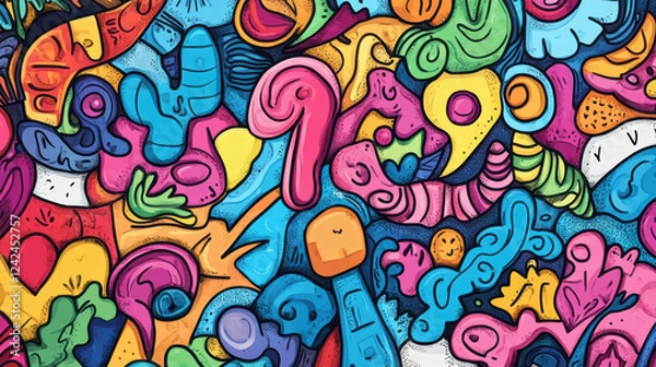 Fototapeta vibrant collection of whimsical doodle shapes in various colors, featuring question marks, arrows, and abstract forms that create playful and energetic atmosphere