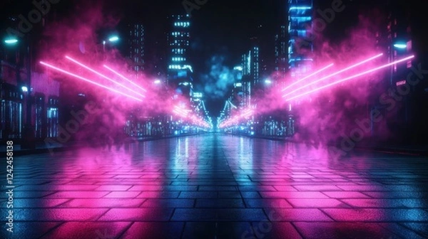 Fototapeta Cyberpunk Cityscape at Night with Neon Lights