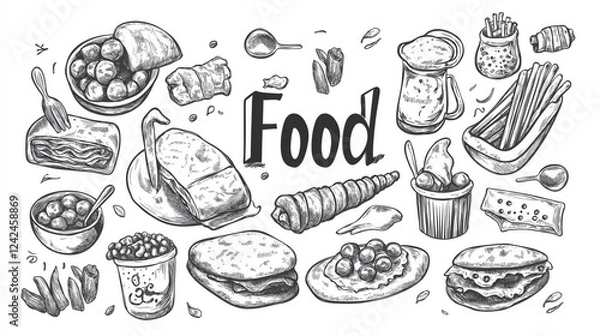 Fototapeta Drawings of different food items on white background with text food in the center illustration