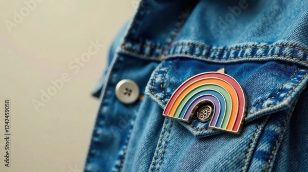 Fototapeta A vibrant rainbow enamel pin adorns the denim jacket pocket, symbolizing pride and inclusivity.