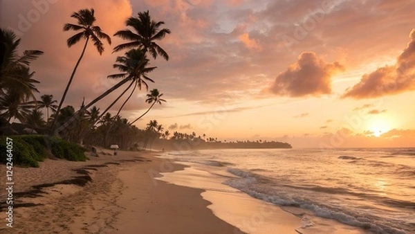 Fototapeta Beautiful sunset at a tropical beach with palm trees, ocean, and sand under the colorful sky