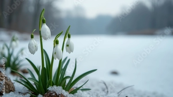 Fototapeta A shot of snowdrop flowers, with a blurred background of a frozen lake or river.