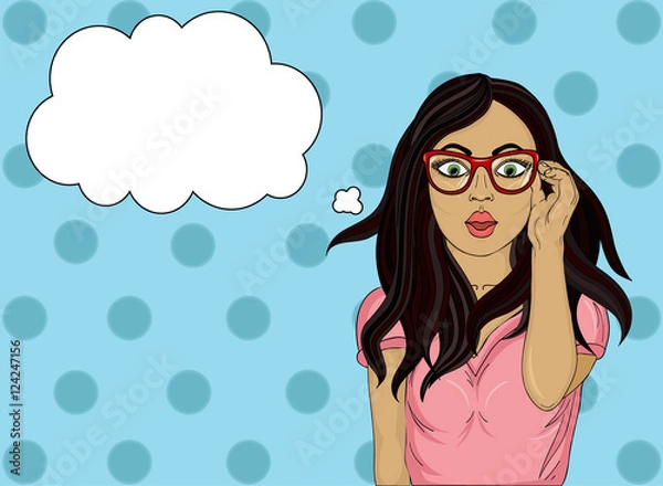 Obraz Girl with glasses surprised. Pop art style. Wow. Beautiful sexy
