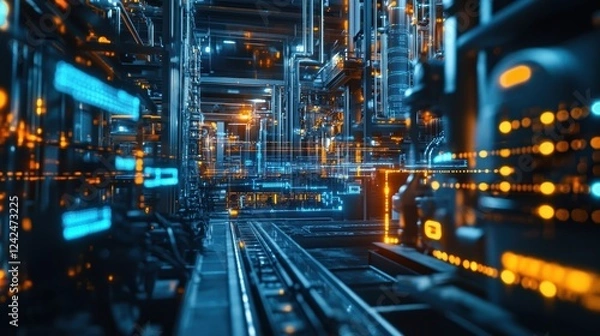 Obraz High tech industrial interior showcasing advanced engineering with glowing blue and orange neon lights. Complex machinery and digital elements create a dynamic, futuristic atmosphere