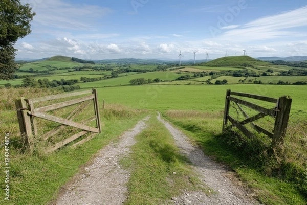 Fototapeta A gravel pathway leads through an open gate, inviting exploration into lush green fields. Rolling hills and wind turbines add a backdrop under a clear sky, creating a serene landscape