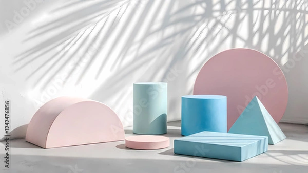 Fototapeta Minimalist Abstract Composition, Geometric Shapes in Pastel Pink and Blue Tones with Soft Shadows on Clean White Background for Modern Design.