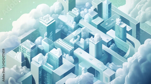 Fototapeta Isometric representation of futuristic cityscape with clouds, showcasing buildings and pathways. design emphasizes blend of technology and nature, creating serene atmosphere
