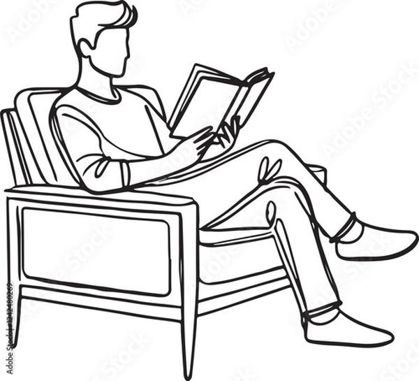 Fototapeta Line Drawing of Man Relaxing with Book in Armchair