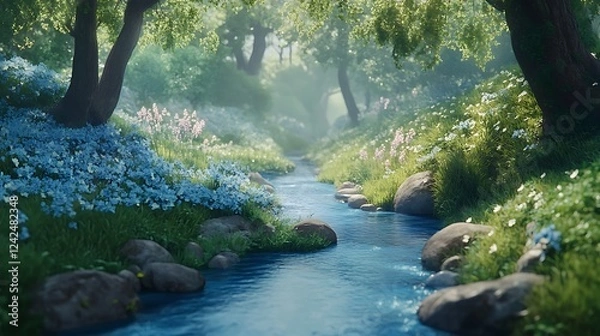 Obraz A Serene Stream Winding Through a Lush, Sun-Dappled Forest