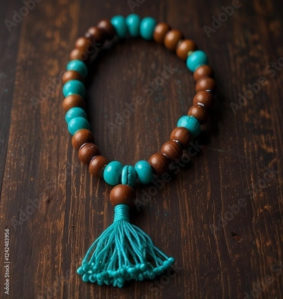 Fototapeta A close-up of a mala bead necklace made of wooden beads, elegantly placed on a dark wooden surface with a touch of turquoise background. lAi generate

