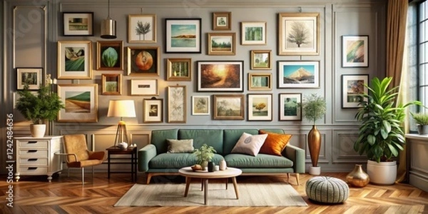 Fototapeta A beautifully styled room with a frame gallery on the wall featuring various artwork pieces in different styles and frames, artistic , wall decor