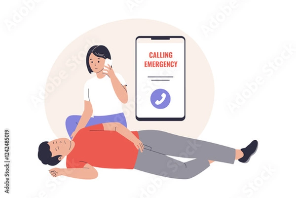 Fototapeta Illustration of woman calling medical emergency call. Illustrations for websites, landing pages, mobile apps, posters and banners. Trendy flat vector illustrations