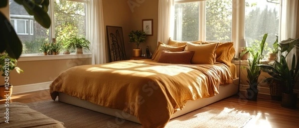 Fototapeta A cozy bedroom featuring a plush king-sized bed with warm golden bedding ample natural light and a serene eclectic aesthetic